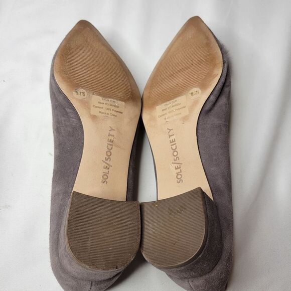 7 SOLE SOCIETY suede pom pointed leather block heel pointy flats w/ faux fur - Picture 7 of 14